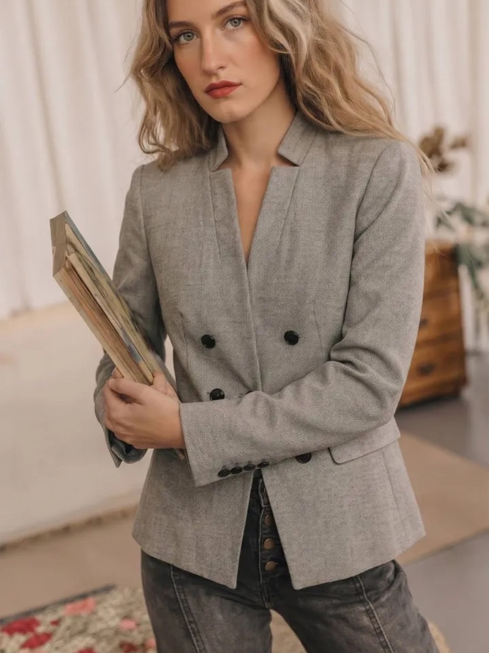 White House Black Market Gray Double-Breasted Blazer